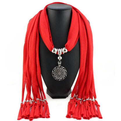 Buddha Trends Deep Red Hollow Circle Flower Purple Scarf Necklace