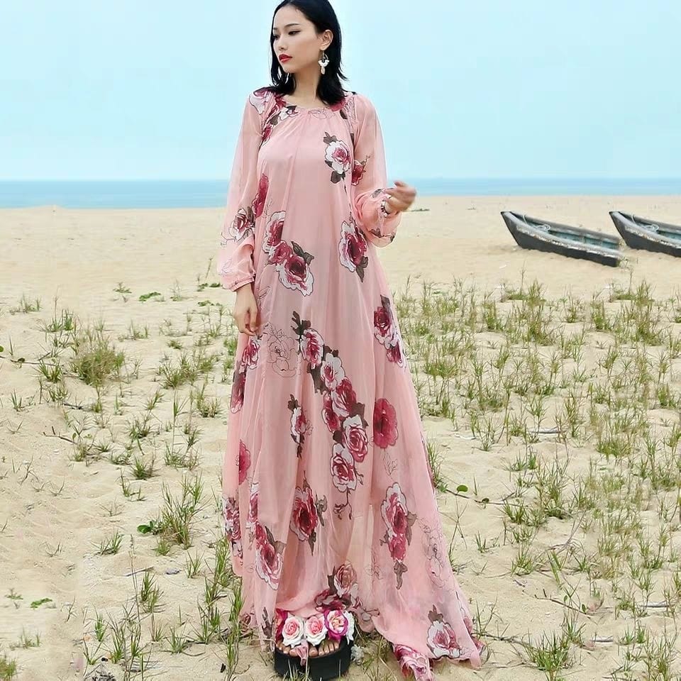 Buddha Trends Dress 1 / S Light Pink Floral Chiffon Dress | Mandala
