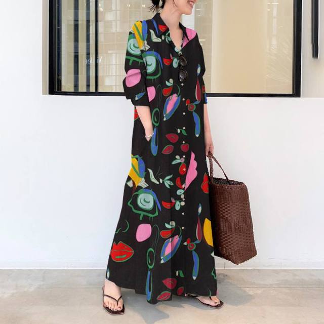 Buddha Trends Kleid Abstrakte Kunst Button-Down-Maxi-Hemdkleid