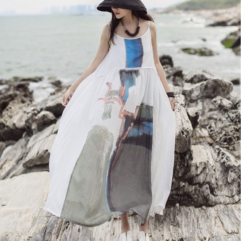 Budda Trends Dress Abstrakcyjna sztuka bez rękawów Flowy Sundress