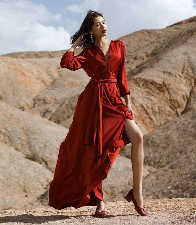 بوذا تريندز فستان كصور / M Boho Lantern Sleeve Red Dress | ماندالا