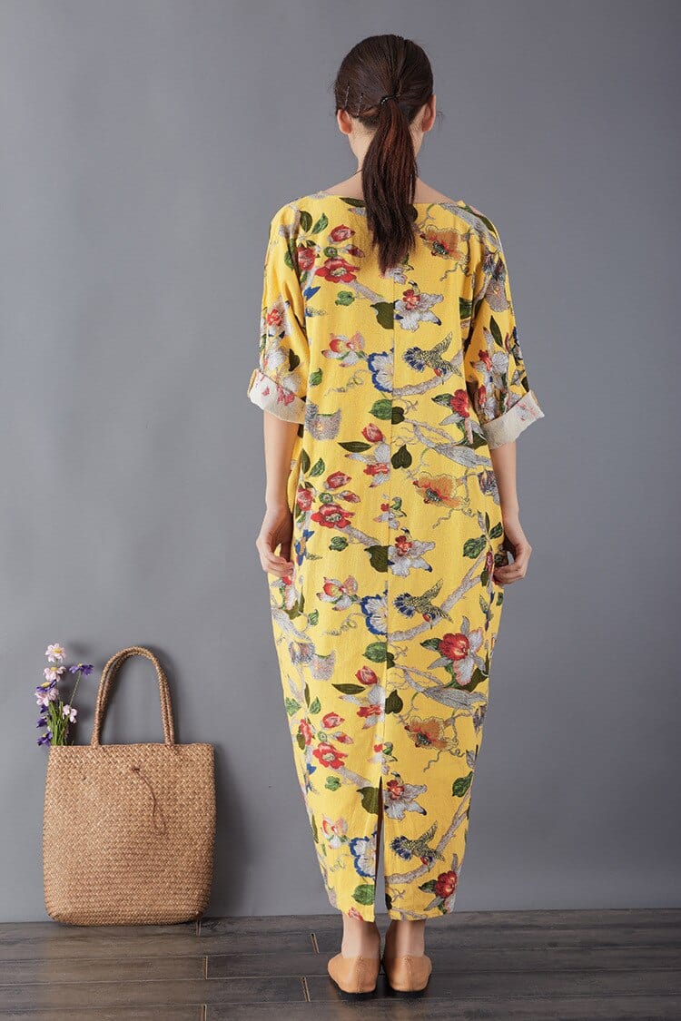 Buddha Trends Dress Birds and Flowers Abito longuette vintage