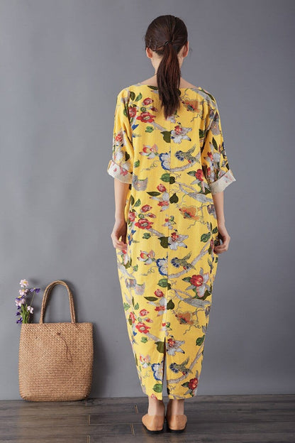 Buddha Trends Kleid Vögel und Blumen Vintage Midi Kleid