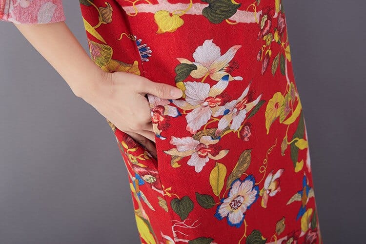 Buddha Trends Kleid Vögel und Blumen Vintage Midi Kleid