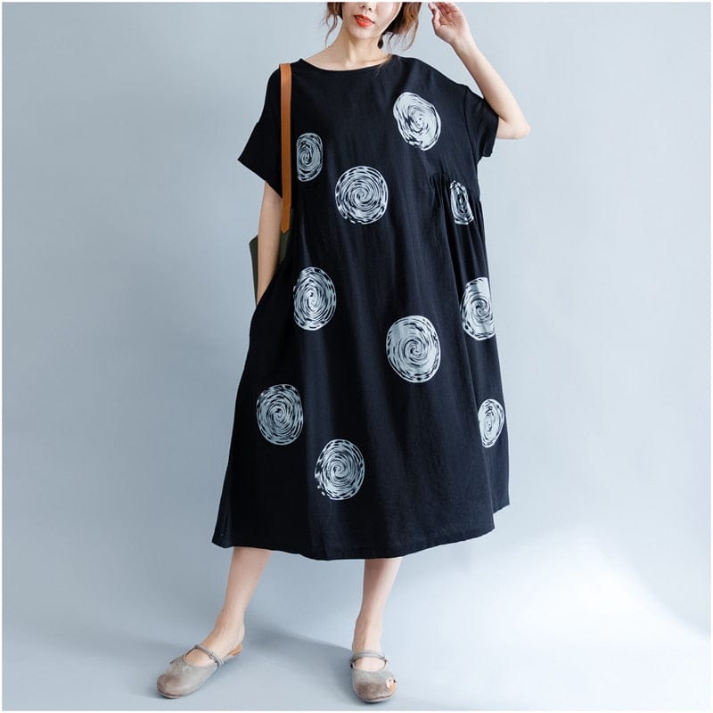 Buddha Trends Dress Black / L Polka Swirls Loose Midi Dress