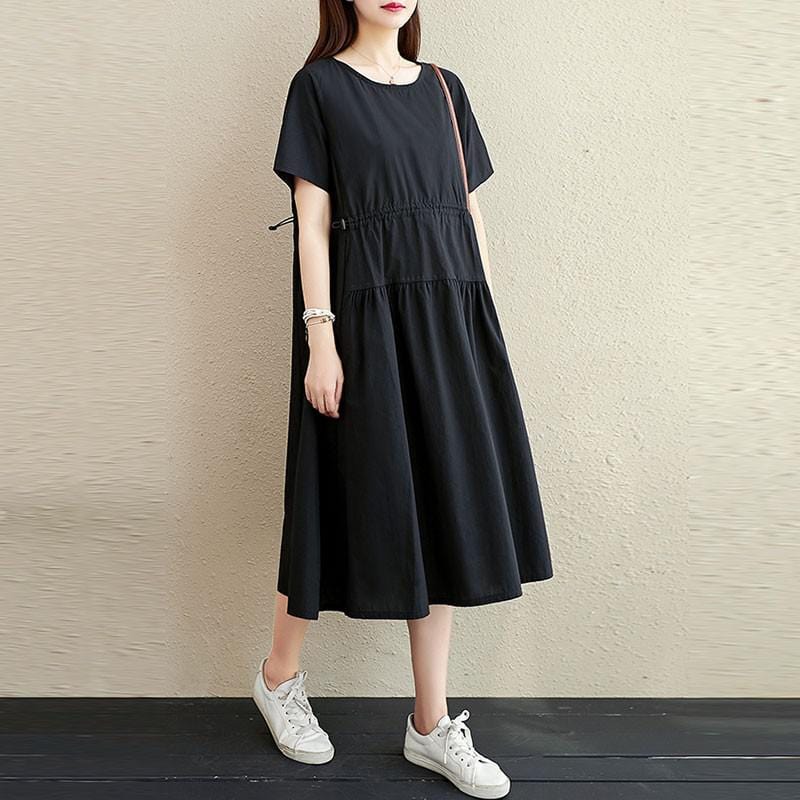 Buddha Trends Dress Black / M Short Sleeve Casual Coton Midi Dress