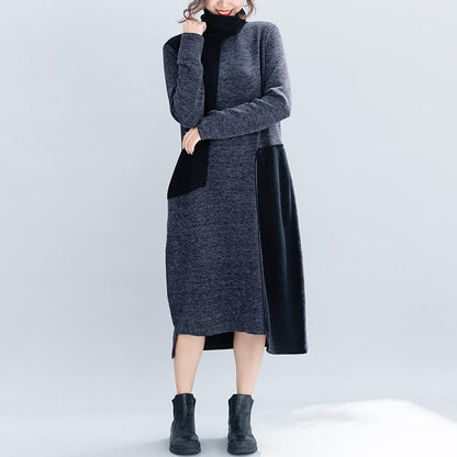 Buddha Trends Dress Black on Grey / XL Black &amp; Grey Long Sleeve Turtleneck Dress