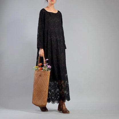 Buddha Trends Dress Black / One Size Black Flower Brodered Maxi Dress | Nirvana