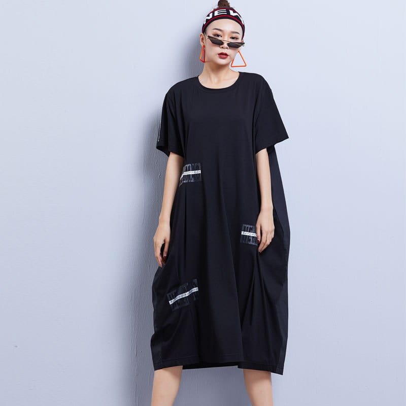 Buddha Trends Dress Noir / Taille Unique / Chine O-Neck Cotton Hippie Dress