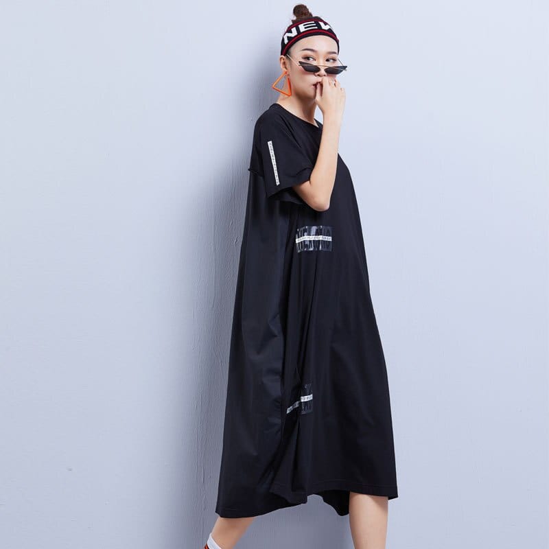 Платье Будды Тенденции Черное / Один размер / Китайское хлопковое хиппи-платье с круглым вырезом