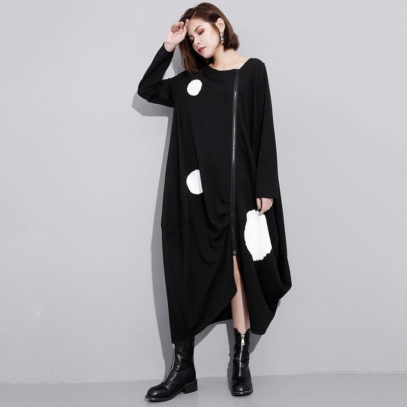 Buddha Trends Dress Black / One Size Polka Dot Print Zip Up Dress | Millennials