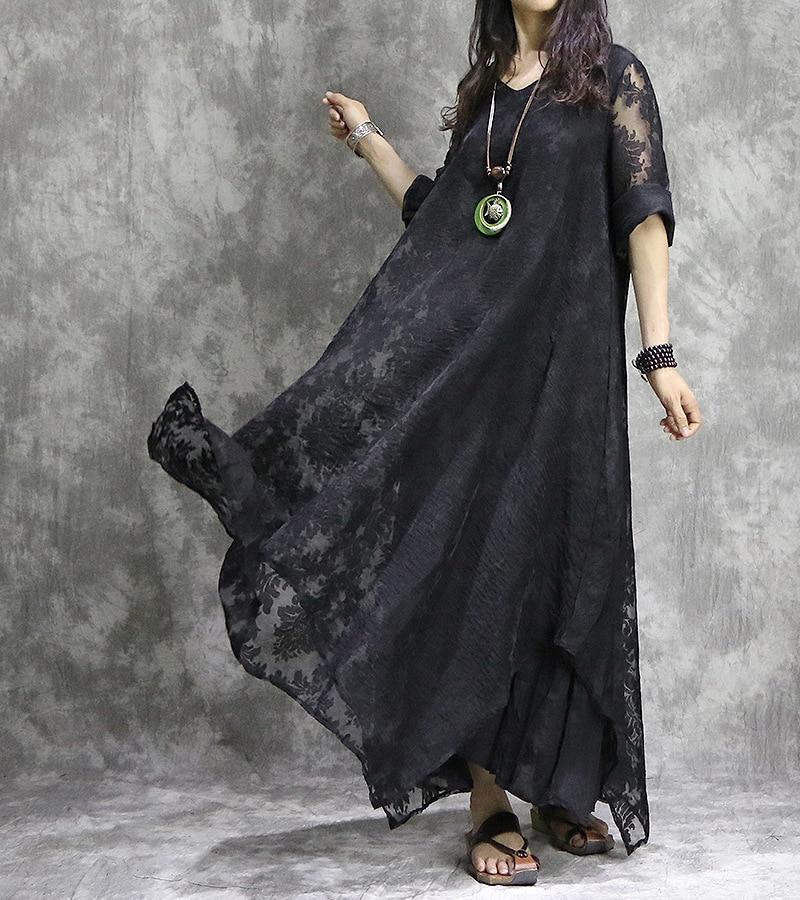 Buddha Trends Vestido Negro / Talla única Vestido largo con bordado floral retro | Nirvana