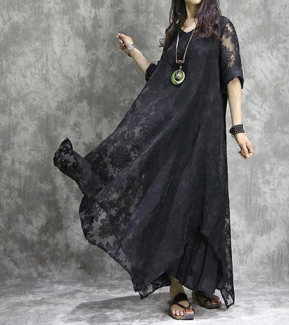 Buddha Trends φόρεμα Μαύρο / One Size Retro κεντημένο Floral Maxi φόρεμα | Νιρβάνα