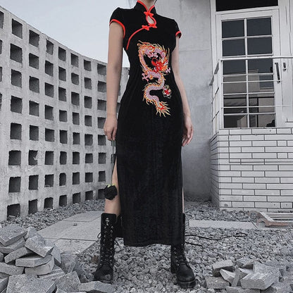 Φόρεμα Buddha Trends Μαύρο & Κόκκινο / S Κινέζικο φόρεμα με κεντημένο δράκο