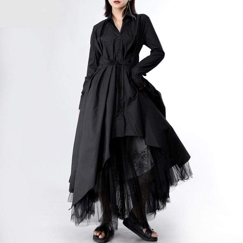 Buddha Trends Dress czarna / S asymetryczna sukienka koszulowa z dekoltem w szpic | Milenialsi