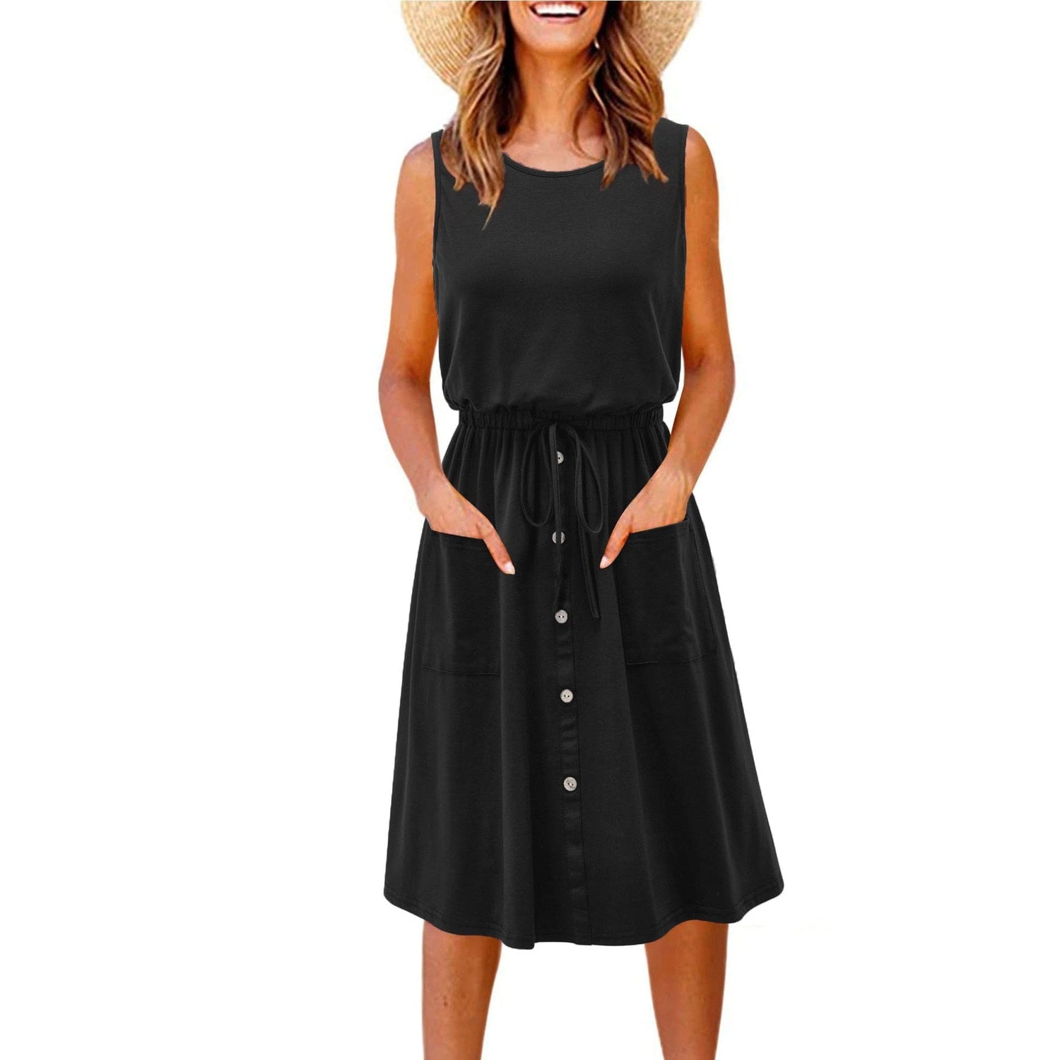 Buddha Trends Dress Black / S Xinaa Lace-up Mid Dress With Pockets