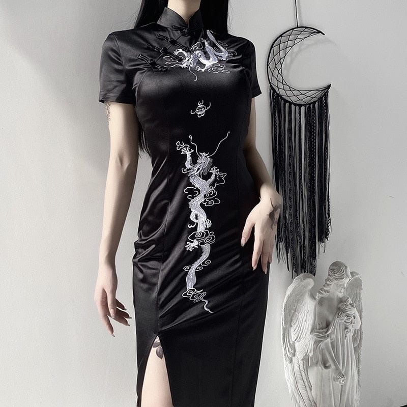 Buddha Trends Dress Black & White / S Chinese Dragon Embroidered Dress