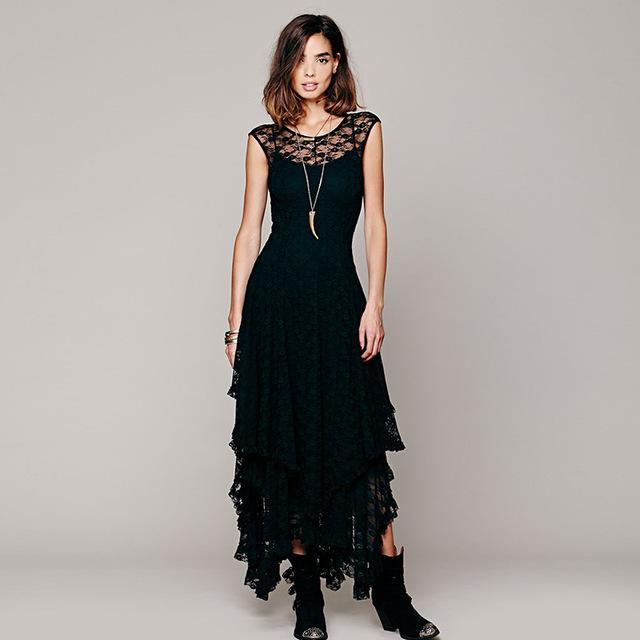 Buddha Trends Dress Black / XL Layered Uregelmessig Lace Bohemian kjoler
