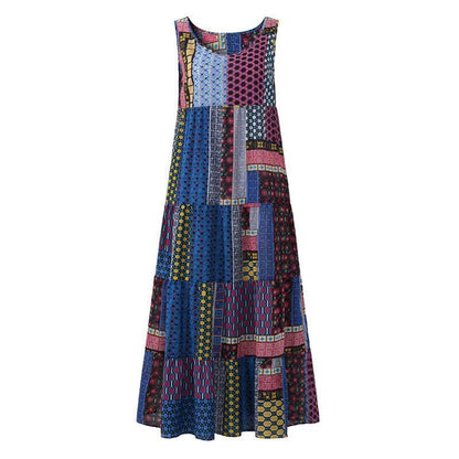 Buddha Trends Dress Blue / 3XL Loose Patchwork Print Sleeveless Hippie Dress