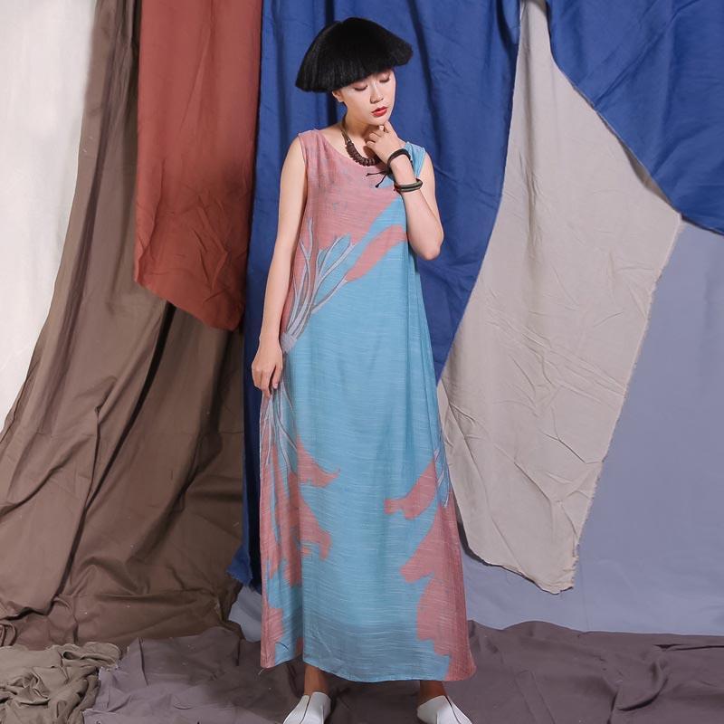 Buddha Trends Dress Blue and Pink / L Móda 80. let Růžové a modré pastelové Maxi šaty