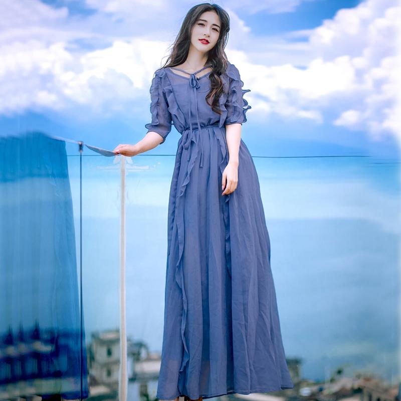 Buddha Trends Dress Azul / L Boho Vestido Maxi Elegante em Chiffon | Mandala