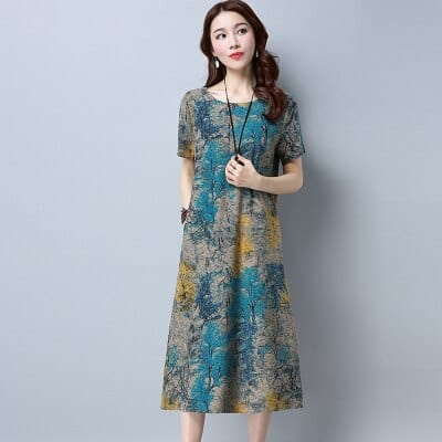 Buddha Trends Kleid Blau / M Kurzärmliges Kleid mit abstrakten Blumen