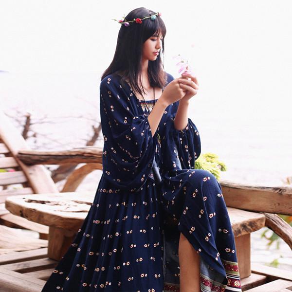 Buddha Trends Dress Blue / M Floral Print Vintage Maxi Dress with Bohemian Lantern Sleeves | Mandala