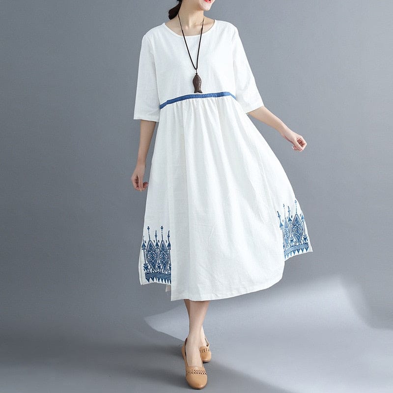 Buddha Trends Dress Blue / M Vintage Empire Waist Midi Dress