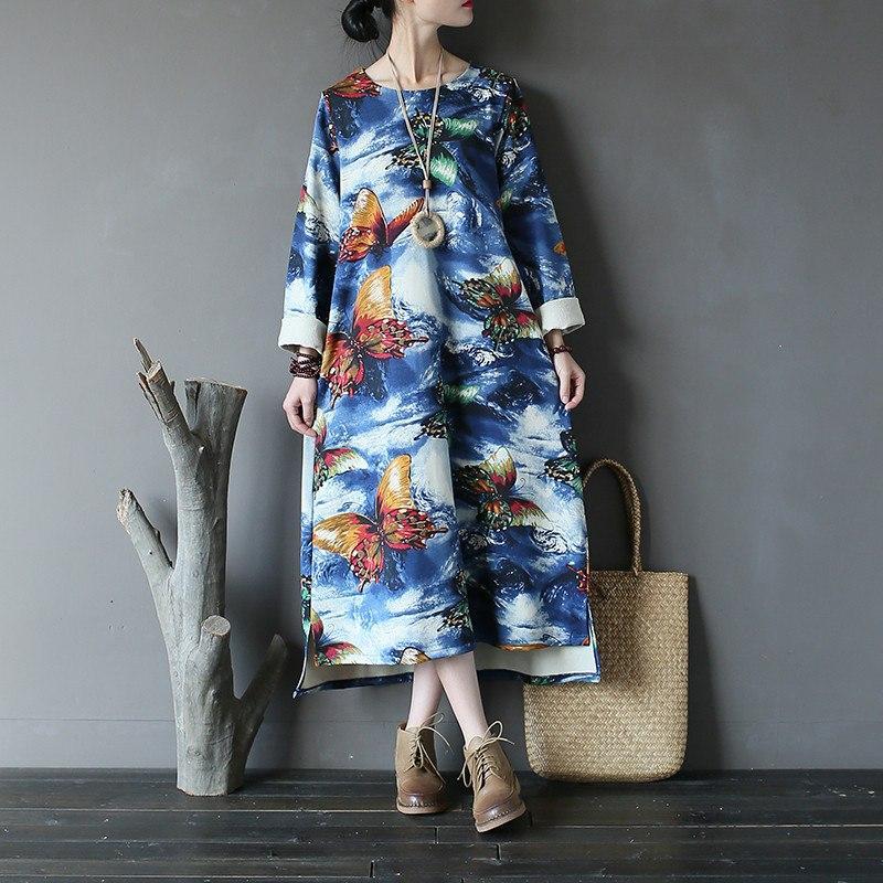Buddha Trends Dress Biru / Satu Ukuran Kupu-kupu Love Longgar Midi Dress