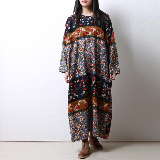 Buddha Trends Kleid Blau / One Size Langarm Floral Patchwork Robe