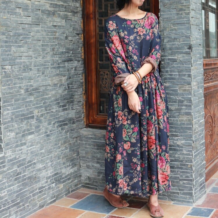 Buddha Trends Dress Blue / One Size Vintage Floral Cotton Maxi Dress | Lotus