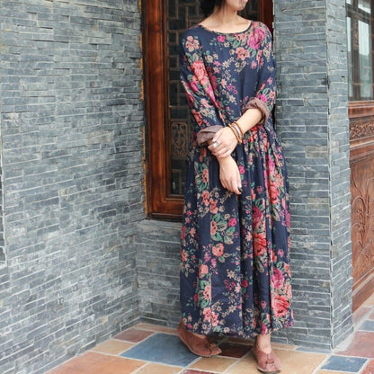 Buddha Trends Dress Blue / One Size Vintage Floral Cotton Maxi Dress | Lotus