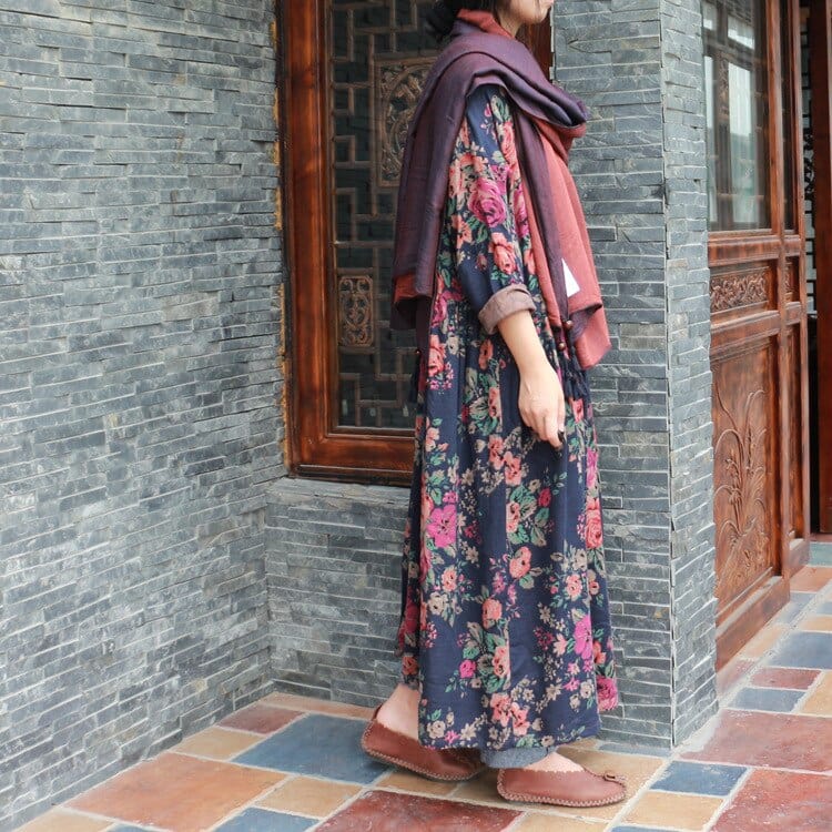 Buddha Trends Dress Blue / One Size Vintage Floral Βαμβακερό Maxi Φόρεμα | Λωτός
