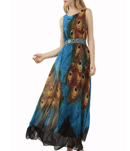 بوذا تريندز فستان طويل بوهو شيفون أزرق طاووس