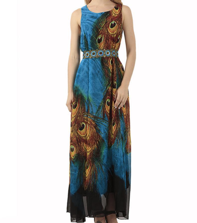 Buddha Trends Dress Blue Peacock Šifon Boho Maxi šaty