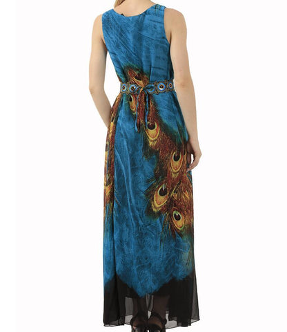 بوذا تريندز فستان طويل بوهو شيفون أزرق طاووس