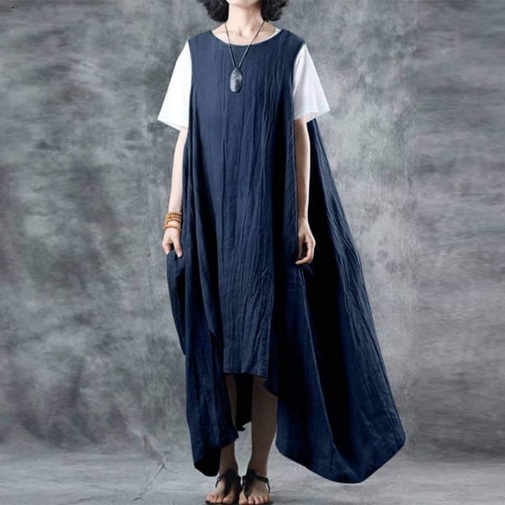 Buddha Trends Dress Biru / S Asimetris Tanpa Lengan Midi Dress