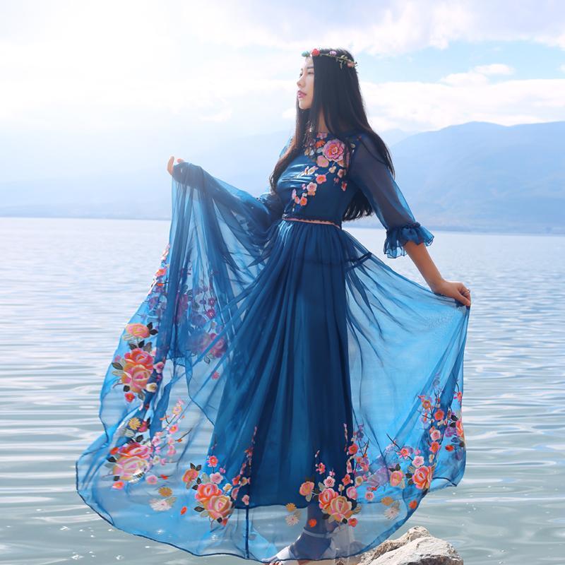 Buddha Trends Dress Blue / S Blue Sapphire Floral Embroidered Bohemian Prom Dress | Mandala