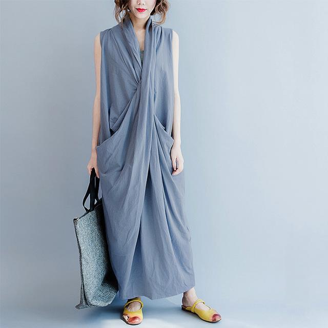 Buddha Trends Dress Bleu / S Robe longue croisée sans manches