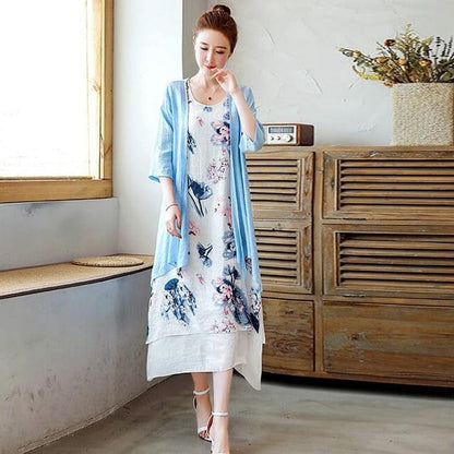 Buddha Trends Dress Bleu / S Robe à fleurs à manches courtes + cardigan