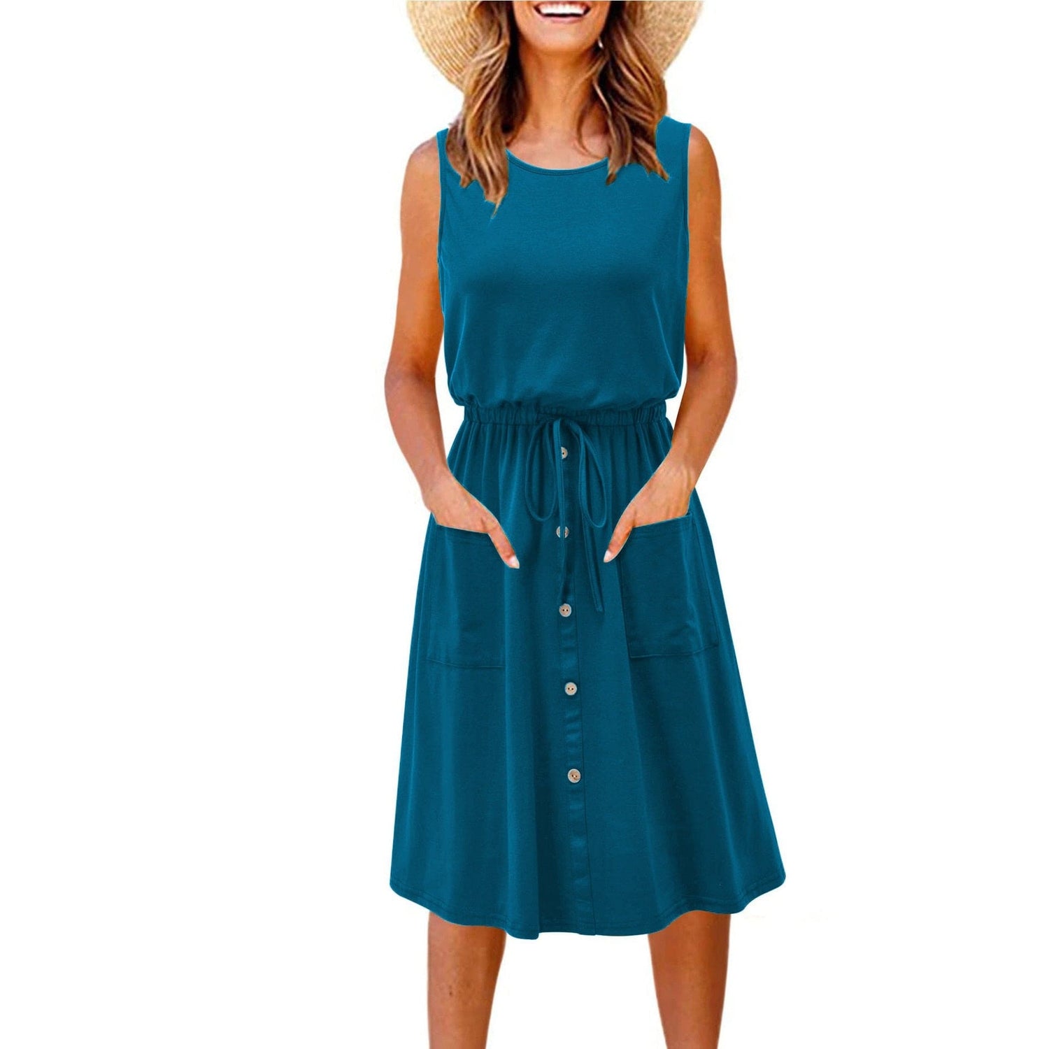 Buddha Trends Dress Blue / S Xinaa Lace-up Mid Dress With Pockets