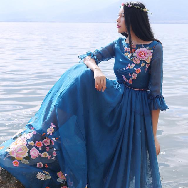 Buddha Trends Dress Blue Sapphire Floral Embroidered Bohemian Prom Dress | Mandala