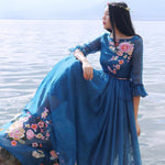Buddha Trends Dress Blue Sapphire Floreale Ricamato Boemia Prom Dress | Mandala