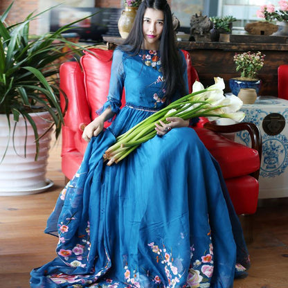 Buddha Trends Mekko Sininen Sapphire kukkakirjailtu Bohemian juhlamekko | Mandala