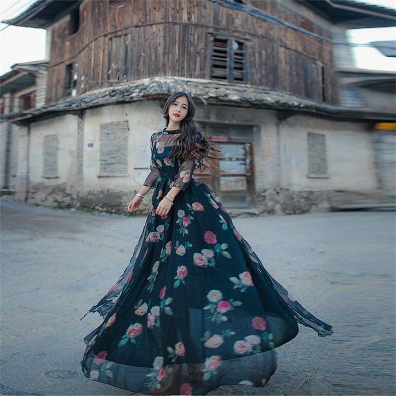 Φόρεμα Buddha Trends Boho Chic Μαύρο Floral Chiffon Maxi Dress | Μάνταλα