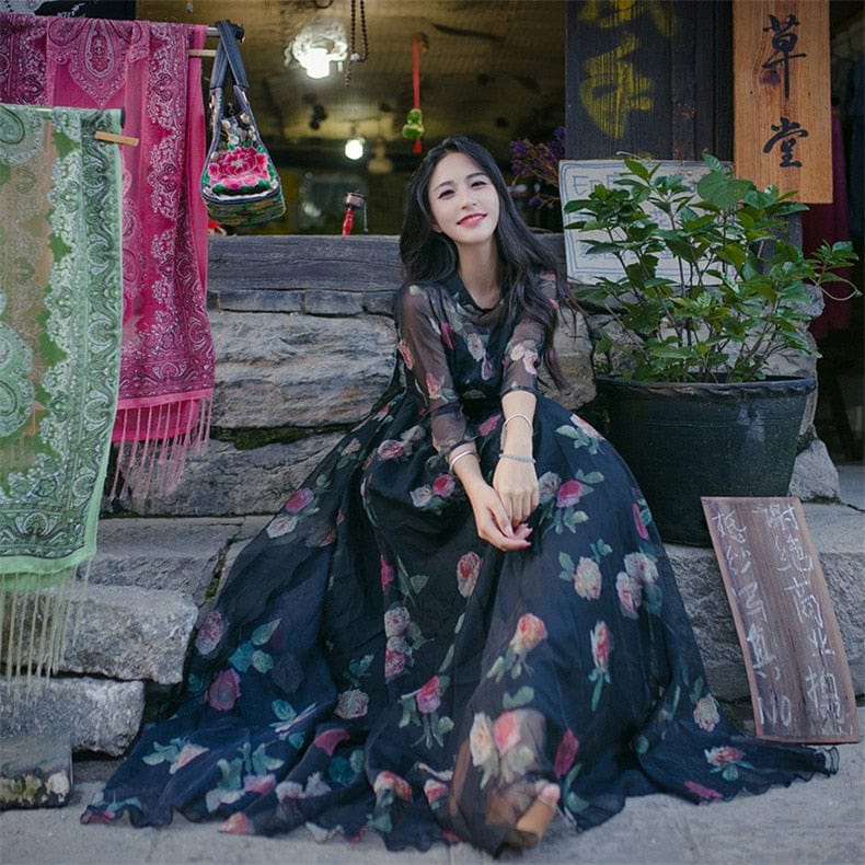 Buddha Trends Dress Boho Chic Hitam Floral Chiffon Maxi Dress | mandala