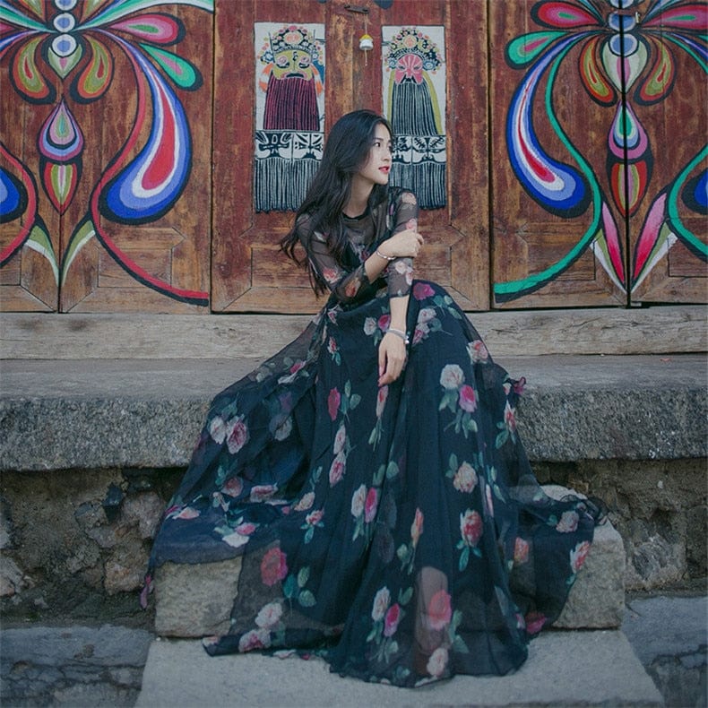 Φόρεμα Buddha Trends Boho Chic Μαύρο Floral Chiffon Maxi Dress | Μάνταλα