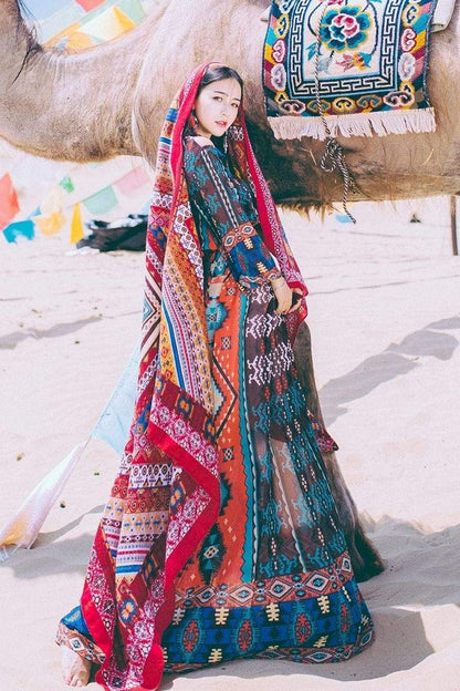 Boho Flare Sleeve Tribal Chiffon Kleid | Mandala