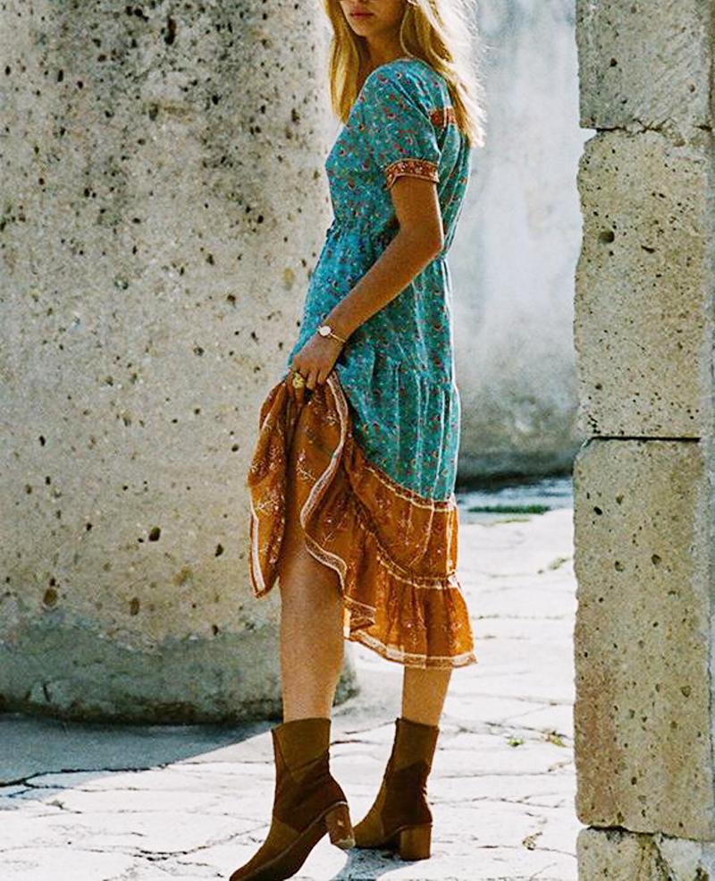 بوذا ترندز فستان بوهو هيبي ميدي مطبوع بالزهور
