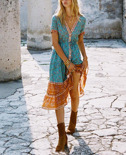 Φόρεμα Buddha Trends Boho Hippie Floral τυπωμένο φόρεμα Midi